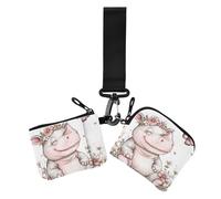 Cartone animato carino bianco rinoceronte fiori farfalla doppio portafoglio da polso per le donne mini moda portafoglio portachiavi con cinturino da polso per lavoro viaggi 2 pezzi, Fumetto carino