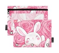 Cartone animato carino coniglio bianco rosa tre anelli raccoglitore raccoglitore matita caso con finestra trasparente in colori assortiti per scuola, ufficio e casa 2 pezzi