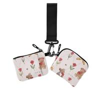 Cartone animato carino orso marrone pesca rosa portamonete da donna porta carte piccole portamonete staccabile borsa portafoglio con portachiavi per le signore 2 pezzi, Carino Orso Marrone Pesca Rose