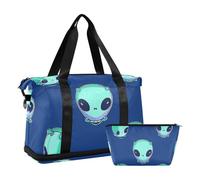 Cartone animato carino verde alieni sport borsa da palestra trasporto su spalla week-end tote con cinghia regolabile per trekking 2 pz, cartone animato carino alieni verdi, taglia unica, Cartone