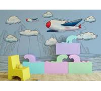 Cartone Animato Creativo Montagna Nuvole Aeroplano 3D Carta Da Parati Facile Installare Mobili Sfondi Ufficio Divano Camera Letto Sfondo Decorazione Murale-200cm×140cm