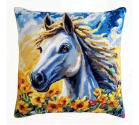 Cartone Animato Kit Mezzo Punto Ricamo Animale Cavallo Kit Fai Da Te Con Uncinetto,Cuscino Stampato,Filato,Uncinettos E Kits Federa,Tappeto,Decorazione Per La Casa 17x17in