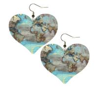 Cartone animato mappa del mondo stampa orecchini eleganti a forma di cuore leggeri accessori da donna perfetti per feste e San Valentino.