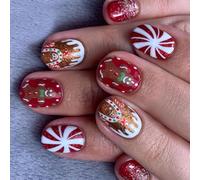 Cartone animato Pan di zenzero unghie finte Candy House Full Covers Stick On Nails Natale Press On Nails Per Donne Ragazze