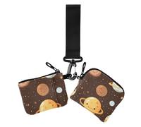 Cartone animato pianeti esterni e alfabeto marrone porta carte di credito porta carte di credito sottile piatto organizer con tasca con cerniera per uso quotidiano 2 pezzi, Cartone animato pianeti