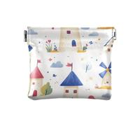 Cartone animato Villaggio Vento Bianco Donne PU Pelle Coin Purse Carino Chiusura Portafoglio Titolare di Carta per Signora, cartone animato, mulino, villaggio, bianco, 1 size, Stampa artistica