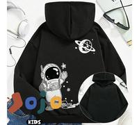 Cartoon astronaut waving to the planet print top, boys'/girls' autumn/winter oversized, drop-shoulder, preppy style, soft and comfortable, sporty round neck, cute, stylish, versatile, street style, he
