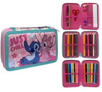 CARTOON Astuccio 3 zip Angel e Stitch rosa Disney triplo completo 44 pezzi cancelleria per la scuola multiscomparto penne matite colori pennarelli giotto
