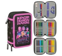 CARTOON Astuccio 3 Zip Huntrix KPop Demon Hunters Corredato Scuola Completo 38 pezzi