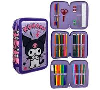 CARTOON Astuccio 3 zip Kuromi Sanrio triplo completo 44 pezzi cancelleria per la scuola multiscomparto penne matite colori pennarelli giotto