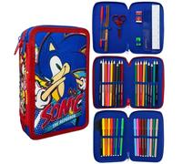 CARTOON Astuccio 3 zip Sonic triplo completo 44 pezzi cancelleria per la scuola multiscomparto penne matite colori pennarelli giotto