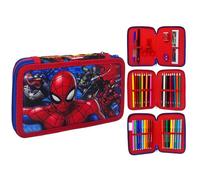 CARTOON Astuccio 3 zip Spiderman Marvel completo 44 pezzi per la scuola multiscomparto penne matite colori pennarelli giotto
