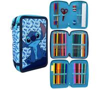 CARTOON Astuccio 3 zip Stitch blu Disney completo 44 pezzi cancelleria multiscomparto penne matite colori pennarelli giotto per la scuola
