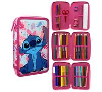 CARTOON Astuccio 3 zip Stitch rosa Disney completo 44 pezzi cancelleria multiscomparto penne matite colori pennarelli giotto per la scuola