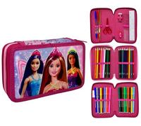 CARTOON Astuccio 3 zip triplo,per Barbie fan, completo 44 pezzi per la scuola multiscomparto penne matite colori pennarelli giotto