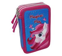 CARTOON Astuccio 3 Zip Unicorno Scuola Completo 44 Pezzi 3 scomparti con Colori Giotto, 20x13x6 cm