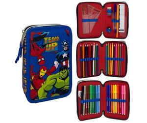 CARTOON Astuccio Avengers Marvel 3 Zip Corredato con 18 Pastelli 18 Pennarelli Giotto Turbo Color Penne e Accessori Scuola Triplo Scomparto per Bambini