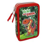 CARTOON Astuccio Scuola 3 Zip Dinosauri, multiscomparto, Completo 44 Pezzi, Colori Giotto, 20 x 13 x 6 cm