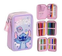 CARTOON Astuccio scuola 3 zip Stitch Disney triplo multiscomparto completo 44 pezzi colori giotto cancelleria per bambini