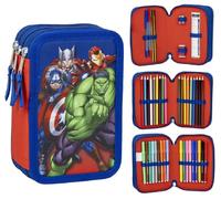 CARTOON Astuccio tre scomparti Avengers Marvel astuccio 3 zip multiscomparto per la scuola completo 44 pezzi penne matite colori pennarelli