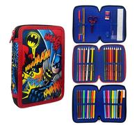 CARTOON Astuccio triplo 3 zip Batman completo 44 pezzi cancelleria per la scuola multiscomparto penne matite colori pennarelli giotto
