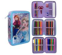 CARTOON Astuccio triplo 3 zip Frozen Disney completo 44 pezzi cancelleria per la scuola multiscomparto penne matite colori pennarelli giotto