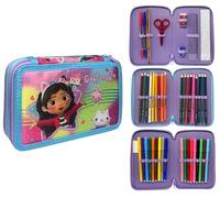 CARTOON Astuccio triplo 3 zip Gabby's Dollhouse completo 44 pezzi cancelleria per la scuola multiscomparto penne matite colori pennarelli giotto