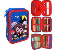 CARTOON Astuccio triplo 3 zip Harry Potter chibi completo 44 pezzi cancelleria per la scuola multiscomparto penne matite colori pennarelli giotto