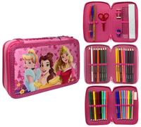CARTOON Astuccio triplo 3 zip Principesse Disney completo 44 pezzi cancelleria per la scuola multiscomparto penne matite colori pennarelli giotto