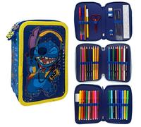 CARTOON Astuccio triplo 3 zip Stitch blu Disney completo 44 pezzi cancelleria per la scuola multiscomparto penne matite colori pennarelli giotto