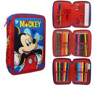 CARTOON Astuccio triplo 3 zip Topolino Disney completo 44 pezzi cancelleria per la scuola multiscomparto penne matite colori pennarelli giotto