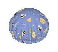Cartoon Bee And Flower Pattern Cuffia da doccia Donna Cappucci per capelli lunghi riutilizzabili con fascia elastica Cappello da doccia a doppio strato per adulti Bambini