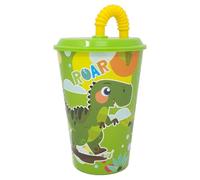 CARTOON Bicchiere con cannuccia, Dinosauro, bicchiere per bambini, plastica riutilizzabile semirigida, BPA Free, capacità 430 ml, verde - ST07552