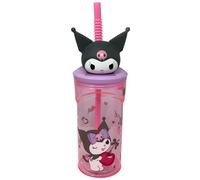 CARTOON Bicchiere con Cannuccia Kuromi Sanrio 360 ml Tazza Riutilizzabile con Coperchio e Decorazione 3D Bottiglia per Bambine e Ragazze Anti Goccia 23 x 7,5 cm