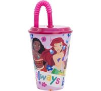 CARTOON Bicchiere con cannuccia per bambini, bicchiere in plastica riutilizzabile semirigida BPA Free capacità 430 ml (Principesse)