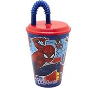 CARTOON Bicchiere con cannuccia per bambini, bicchiere in plastica riutilizzabile semirigida BPA Free capacità 430 ml (Spiderman (1))