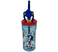 CARTOON Bicchiere con Cannuccia Sonic 360 ml Tazza Riutilizzabile con Coperchio e Statuetta 3D Bottiglia per Bambini e Ragazzi Anti Goccia 23 x 7,5 cm