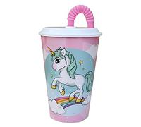 CARTOON Bicchiere con cannuccia, Unicorno, bicchiere per bambini, plastica riutilizzabile semirigida, BPA Free, capacità 430 ml