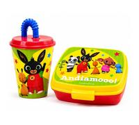 CARTOON Bing Set Merenda Bambini con Portamerenda e Bicchiere con Cannuccia 430 ml Lunch Box 17x14x6 cm per Scuola Asilo Gite e Tempo Libero Contenitore Snack e Bevande Idea Regalo