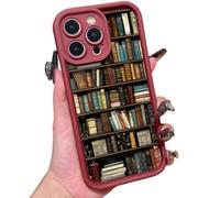 Cartoon Bookshelf Pattern TPU Phone Case,Vintage Bookshelf Phone Case,Vintage Bookcase-Style for iPhone 12/13/14/15/16 Pro Max Series (16 Pro max,Red)