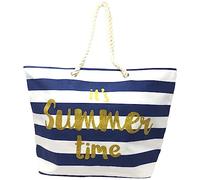 CARTOON Borsa Mare It's Summer Time da Donna con Doppio Manico in Corda Borsa a Righe Blu e Bianco da Spiaggia con Chiusura Zip Shopper a Spalla 54 cm