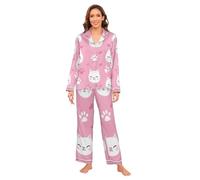 Cartoon Carino Bianco San Valentino Gatto Pigiama Set Classico Button Down Piuma Polsino Pigiama Donna Set Damigella d'onore M pigiama de parejas hombre y mujer manica lunga loungewear 2 pezzi lounge