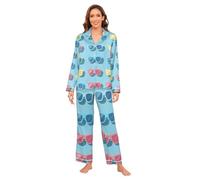 Cartoon Carino Occhiali Da Sole Colorati Donne Raso Pigiama Set Morbido Manica Lunga Piuma Polsino di Seta Pigiama In Raso Per Le Donne Casual Ladies Sleepwear M bata para dormir de mujer manica lunga