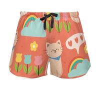 Cartoon Cat Flower Clouds and Rainbow Pajama Bottoms for Women, Elastic Waist Drawstring Lounge Shorts Yoga, M