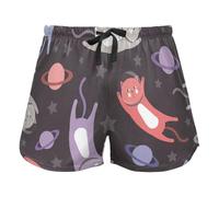 Cartoon Cats Astronauts Black And Red Purple Women's Lounge Shorts Pajama Bottoms Yoga Sports Elastic Waist Drawstring,L
