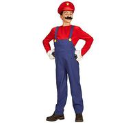 CARTOON Costume da super idraulico Mario per bambini travestimento salopette maglia cappello carnevale feste a tema (8-10 anni)