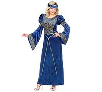 CARTOON Costume di Carnevale Dama Rinascimentale Donna Abito Storico Elegante in Velluto Blu con Ricami Dorati e Copricapo Travestimento Nobile per Eventi a Tema