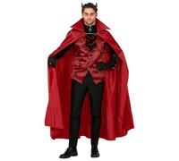 CARTOON Costume di Halloween Diavolo Uomo Camicia con Gilet e Jabot Mantello Rosso Guanti e Medaglione Travestimento Elegante e Misterioso per Feste a Tema
