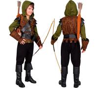 CARTOON Costume Robin Hood Bambino Completo Travestimento Arciere con Camicia e Cappuccio Gilet Cintura con Marsupio Guanti e Copristivali Ideale per Carnevale Feste e Recite