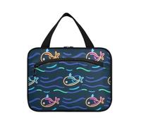Cartoon Cute Animal Fish Sea Wave Blue Hanging Kit da viaggio per gli uomini con gancio, borsa cosmetica pieghevole di design per gli elementi essenziali da viaggio per le donne zaino in spalla
